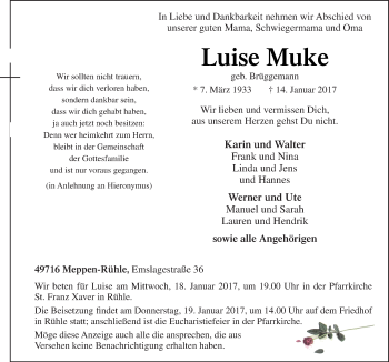 Traueranzeige von Luise Muke von Neue Osnabrücker Zeitung GmbH & Co. KG