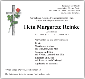 Traueranzeige von Heta Margarete Reinke von Neue Osnabrücker Zeitung GmbH & Co. KG