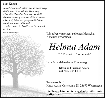 Traueranzeige von Helmut Adam von Neue Osnabrücker Zeitung GmbH & Co. KG