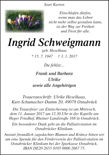 Traueranzeige von Ingrid Schweigmann von Neue Osnabrücker Zeitung GmbH & Co. KG