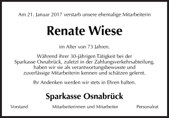 Traueranzeige von Renate Wiese von Neue Osnabrücker Zeitung GmbH & Co. KG