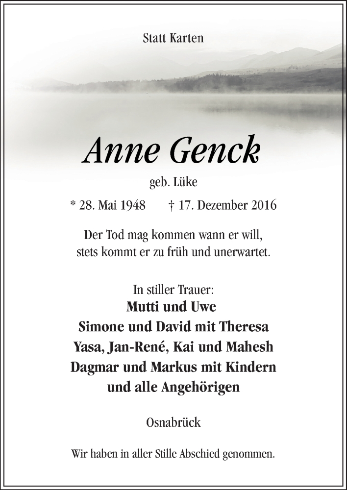  Traueranzeige für Anne Genck vom 31.12.2016 aus Neue Osnabrücker Zeitung GmbH & Co. KG
