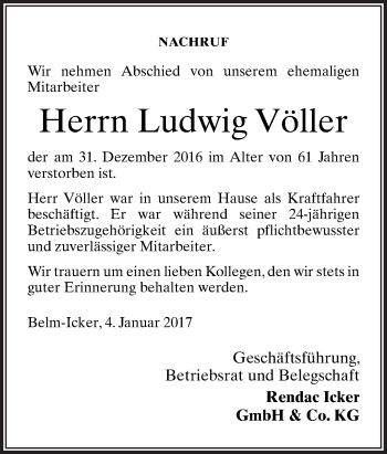 Traueranzeige von Ludwig Völler von Neue Osnabrücker Zeitung GmbH & Co. KG