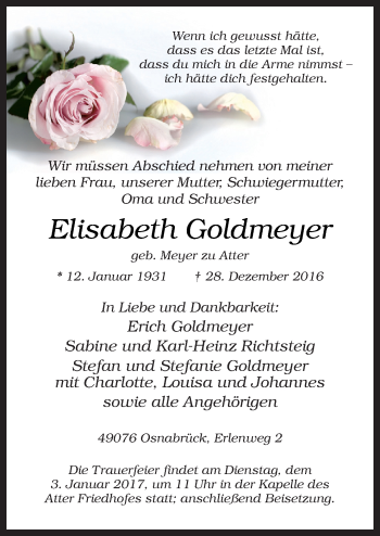 Traueranzeige von Elisabeth Goldmeyer von Neue Osnabrücker Zeitung GmbH & Co. KG