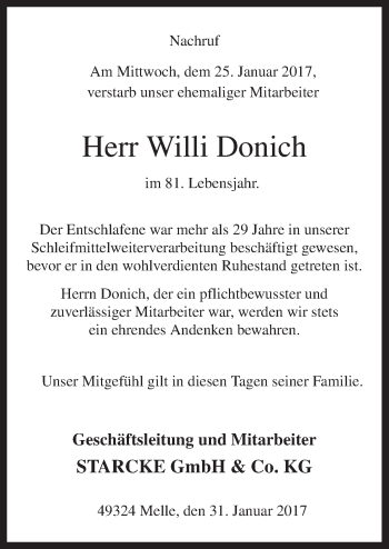 Traueranzeige von Willi Donich von Neue Osnabrücker Zeitung GmbH & Co. KG