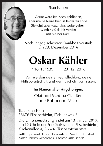 Traueranzeige von Oskar Kähler von Neue Osnabrücker Zeitung GmbH & Co. KG
