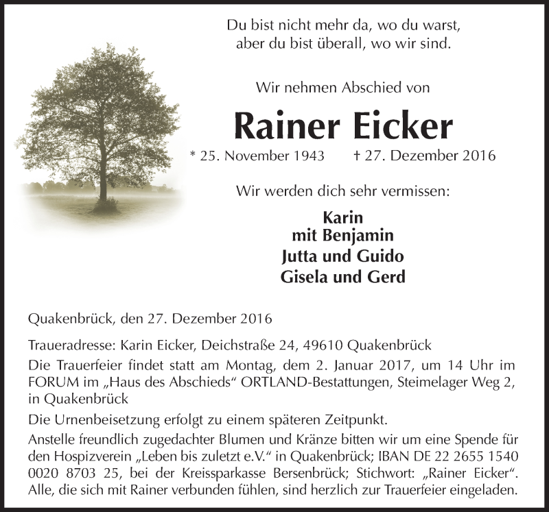  Traueranzeige für Rainer Eicker vom 30.12.2016 aus Neue Osnabrücker Zeitung GmbH & Co. KG