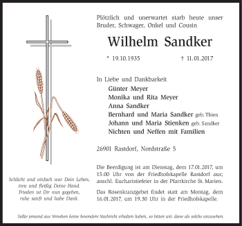 Traueranzeige von Wilhelm Sandker von Neue Osnabrücker Zeitung GmbH & Co. KG