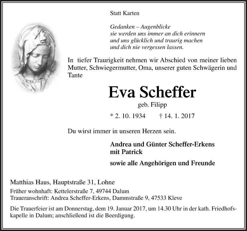  Traueranzeige für Eva Scheffer vom 17.01.2017 aus Neue Osnabrücker Zeitung GmbH & Co. KG