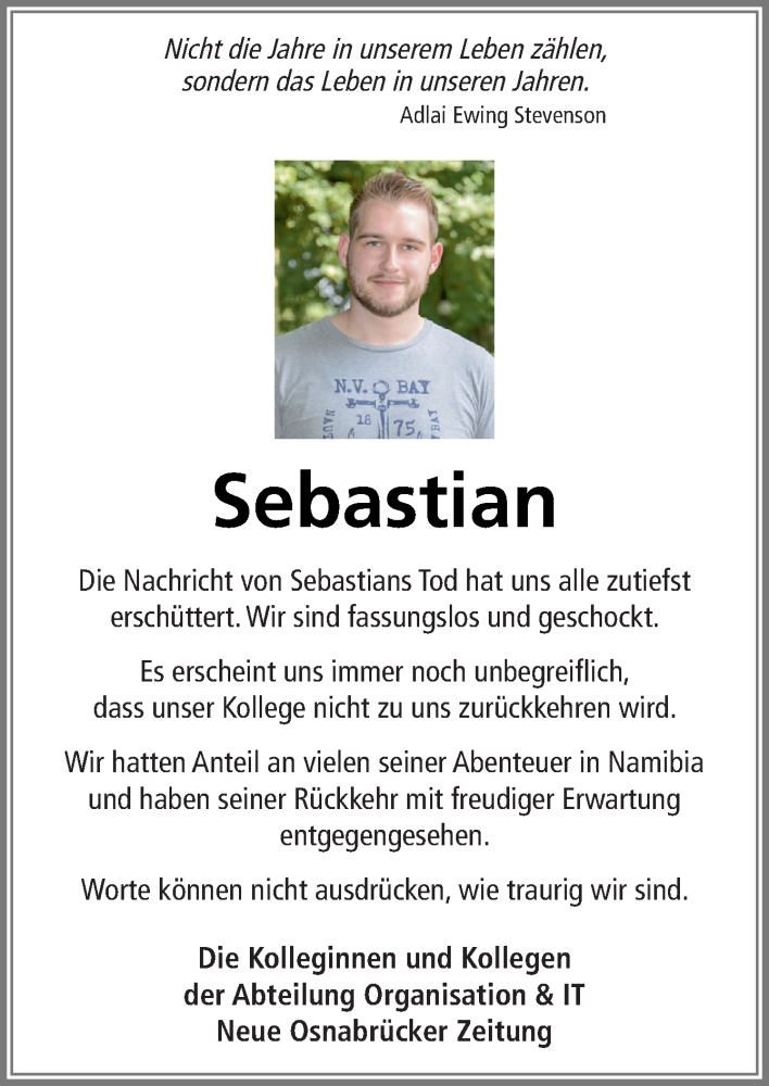  Traueranzeige für Sebastian Schüring vom 31.12.2016 aus Neue Osnabrücker Zeitung GmbH & Co. KG