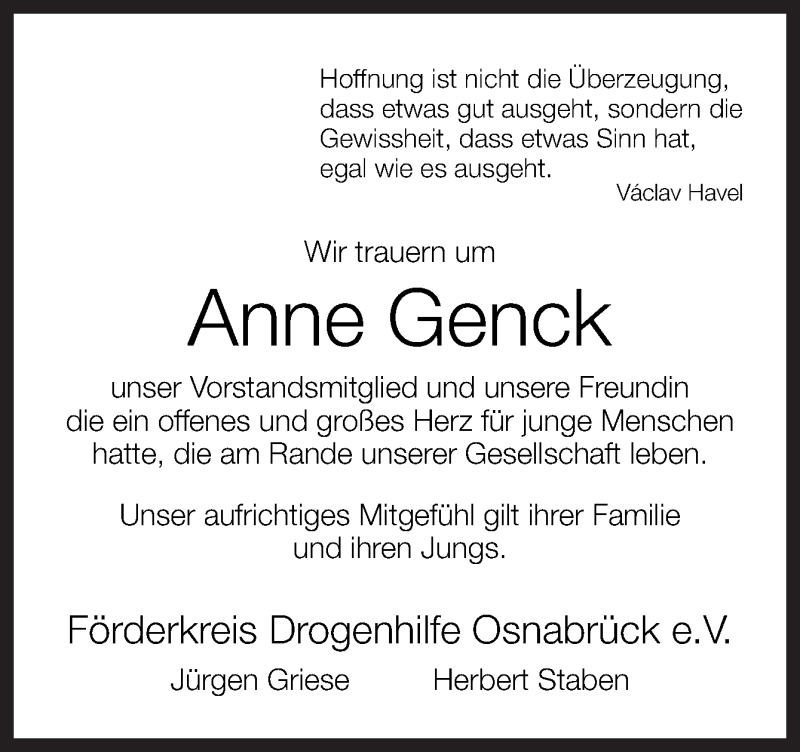  Traueranzeige für Anne Genck vom 03.01.2017 aus Neue Osnabrücker Zeitung GmbH & Co. KG