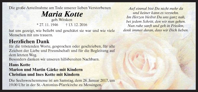  Traueranzeige für Maria Kotte vom 25.01.2017 aus Neue Osnabrücker Zeitung GmbH & Co. KG