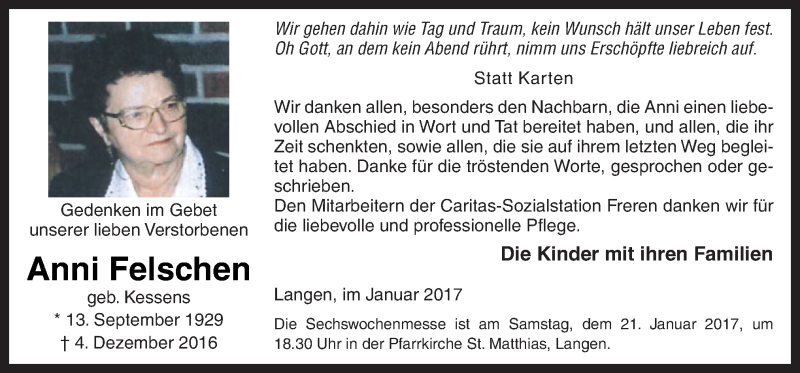  Traueranzeige für Anni Felschen vom 14.01.2017 aus Neue Osnabrücker Zeitung GmbH & Co. KG