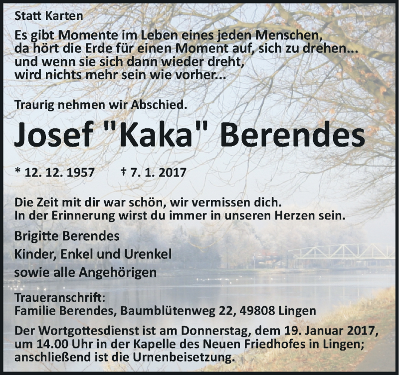  Traueranzeige für Josef Berendes vom 14.01.2017 aus Neue Osnabrücker Zeitung GmbH & Co. KG