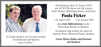 Traueranzeige von Paula Ficker von Neue Osnabrücker Zeitung GmbH & Co. KG