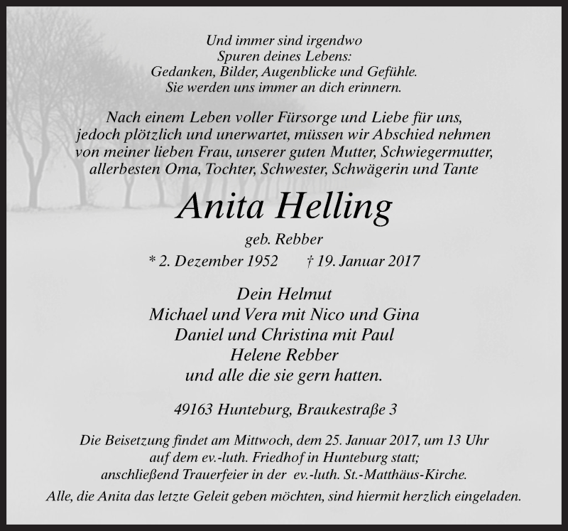  Traueranzeige für Anita Helling vom 21.01.2017 aus Neue Osnabrücker Zeitung GmbH & Co. KG