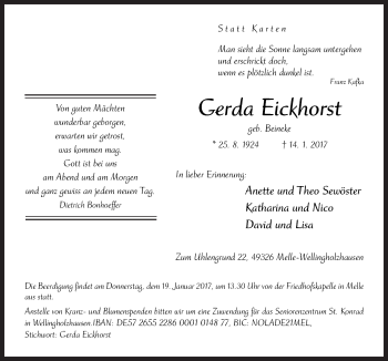 Traueranzeige von Gerda Eickhorst von Neue Osnabrücker Zeitung GmbH & Co. KG