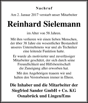 Traueranzeige von Reinhard Sielemann von Neue Osnabrücker Zeitung GmbH & Co. KG