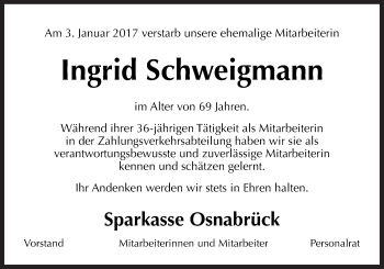 Traueranzeige von Ingrid Schweigmann von Neue Osnabrücker Zeitung GmbH & Co. KG