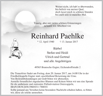 Traueranzeige von Reinhard Paehlke von Neue Osnabrücker Zeitung GmbH & Co. KG