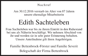 Traueranzeige von Edith Sachteleben von Neue Osnabrücker Zeitung GmbH & Co. KG