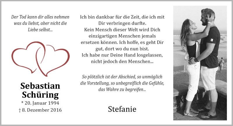  Traueranzeige für Sebastian Schüring vom 30.12.2016 aus Neue Osnabrücker Zeitung GmbH & Co. KG