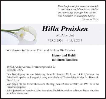 Traueranzeige von Hilla Preisken von Neue Osnabrücker Zeitung GmbH & Co. KG