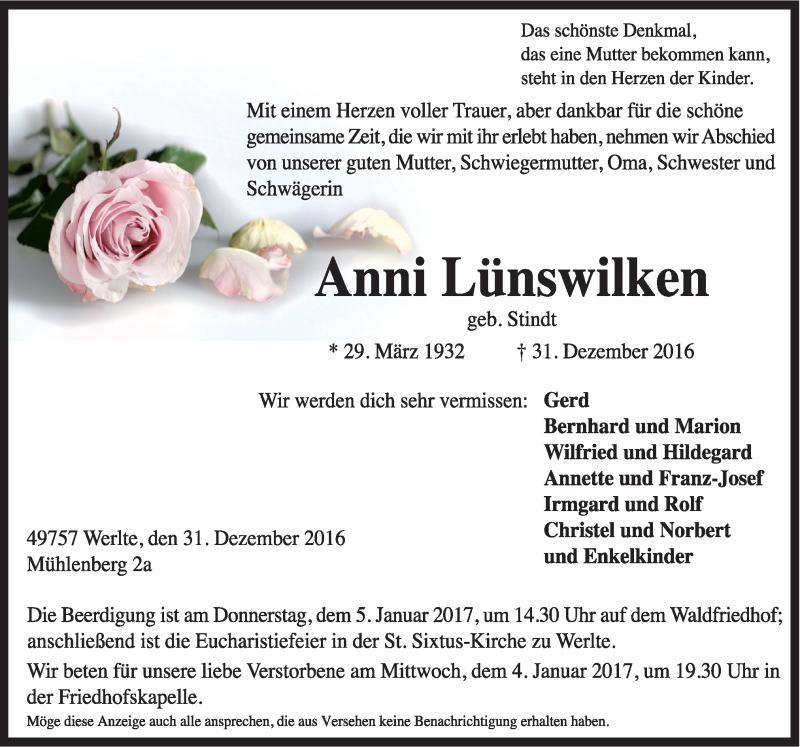  Traueranzeige für Anni Lünswilken vom 03.01.2017 aus Neue Osnabrücker Zeitung GmbH & Co. KG