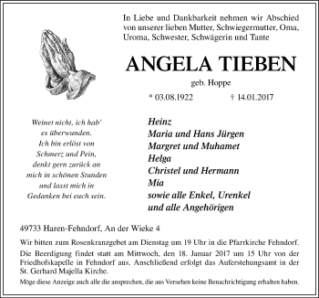 Traueranzeige von Angela Tieben von Neue Osnabrücker Zeitung GmbH & Co. KG