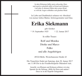 Traueranzeige von Erika Siekmann von Neue Osnabrücker Zeitung GmbH & Co. KG