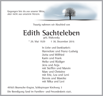 Traueranzeige von Edith Sachteleben von Neue Osnabrücker Zeitung GmbH & Co. KG