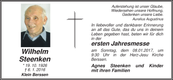 Traueranzeige von Wilhelm Steenken von Neue Osnabrücker Zeitung GmbH & Co. KG