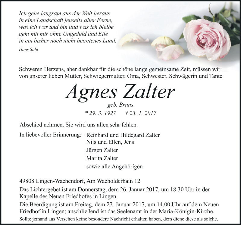  Traueranzeige für Agnes Zalter vom 25.01.2017 aus Neue Osnabrücker Zeitung GmbH & Co. KG