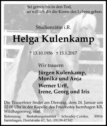 Traueranzeige von Helga Kulenkamp von Neue Osnabrücker Zeitung GmbH & Co. KG