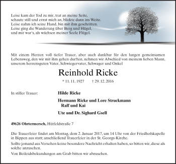 Traueranzeige von Reinhold Ricke von Neue Osnabrücker Zeitung GmbH & Co. KG