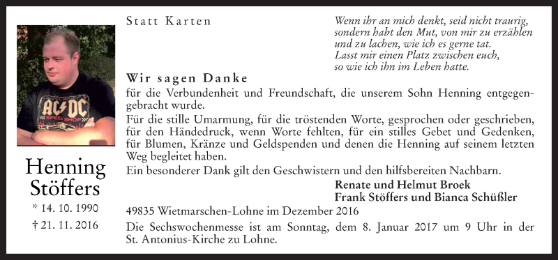  Traueranzeige für Henning Stöffers vom 31.12.2016 aus Neue Osnabrücker Zeitung GmbH & Co. KG