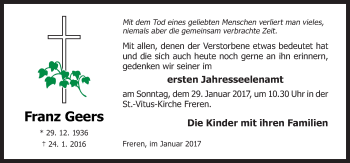 Traueranzeige von Franz Geers von Neue Osnabrücker Zeitung GmbH & Co. KG
