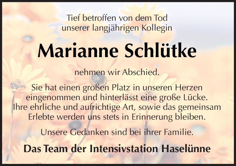  Traueranzeige für Marianne Schlütke vom 12.01.2017 aus Neue Osnabrücker Zeitung GmbH & Co. KG