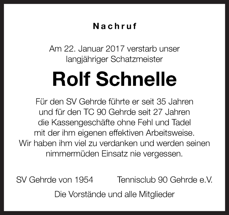  Traueranzeige für Rolf Schnelle vom 27.01.2017 aus Neue Osnabrücker Zeitung GmbH & Co. KG