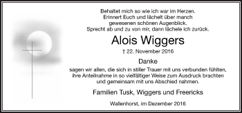 Traueranzeige von Alois Wiggers von Neue Osnabrücker Zeitung GmbH & Co. KG