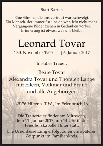 Traueranzeige von Leonard Tovar von Neue Osnabrücker Zeitung GmbH & Co. KG