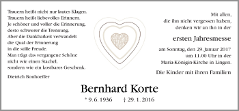 Traueranzeige von Bernhard Korte von Neue Osnabrücker Zeitung GmbH & Co. KG