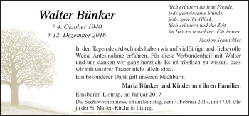 Traueranzeige von Walter Bünker von Neue Osnabrücker Zeitung GmbH & Co. KG