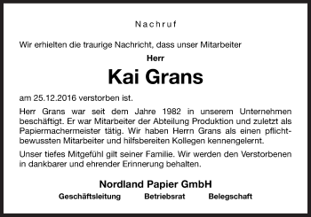 Traueranzeige von Kai Grans von Neue Osnabrücker Zeitung GmbH & Co. KG