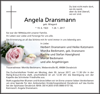 Traueranzeige von Angela Dransmann von Neue Osnabrücker Zeitung GmbH & Co. KG