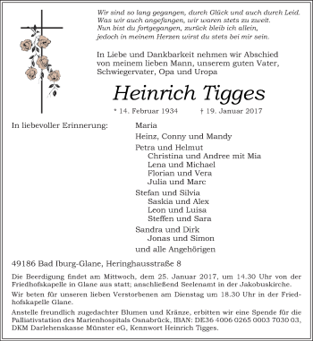 Traueranzeige von Heinrich Tigges von Neue Osnabrücker Zeitung GmbH & Co. KG