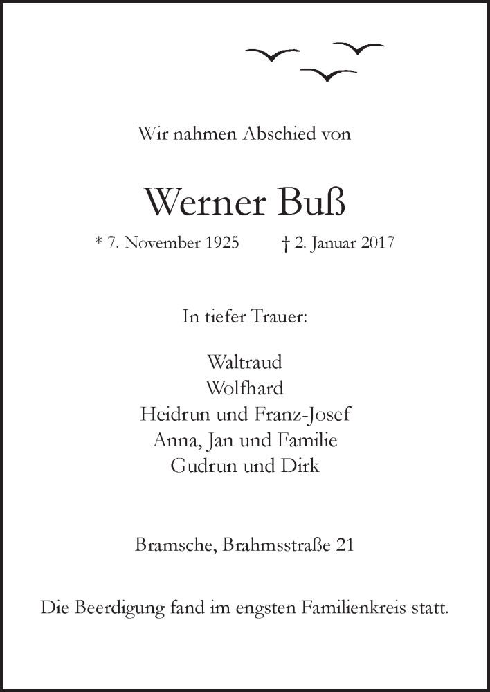  Traueranzeige für Werner Buß vom 07.01.2017 aus Neue Osnabrücker Zeitung GmbH & Co. KG