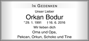 Traueranzeige von Orkan Bodur von Neue Osnabrücker Zeitung GmbH & Co. KG