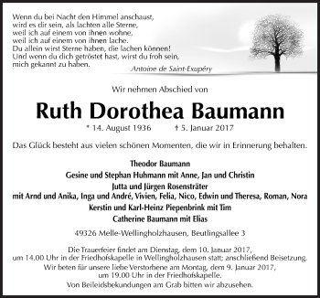 Traueranzeige von Ruth Dorothea Baumann von Neue Osnabrücker Zeitung GmbH & Co. KG