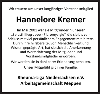 Traueranzeige von Hannelore Kremer von Neue Osnabrücker Zeitung GmbH & Co. KG